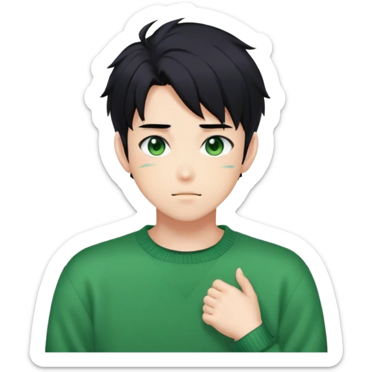 Gorgeous green sweater black hair anime style shojo guy with blushing face and gamer, aesthetic, trending style outside  sticker