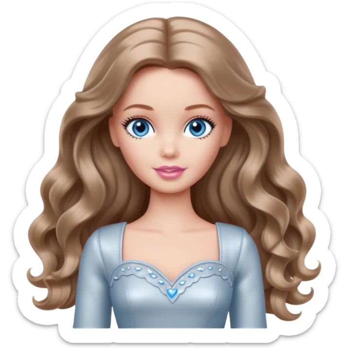 There are grey hearts all around Barbie girl Chestnut long wavy hair and blue eyes is In pale silver clothes sticker