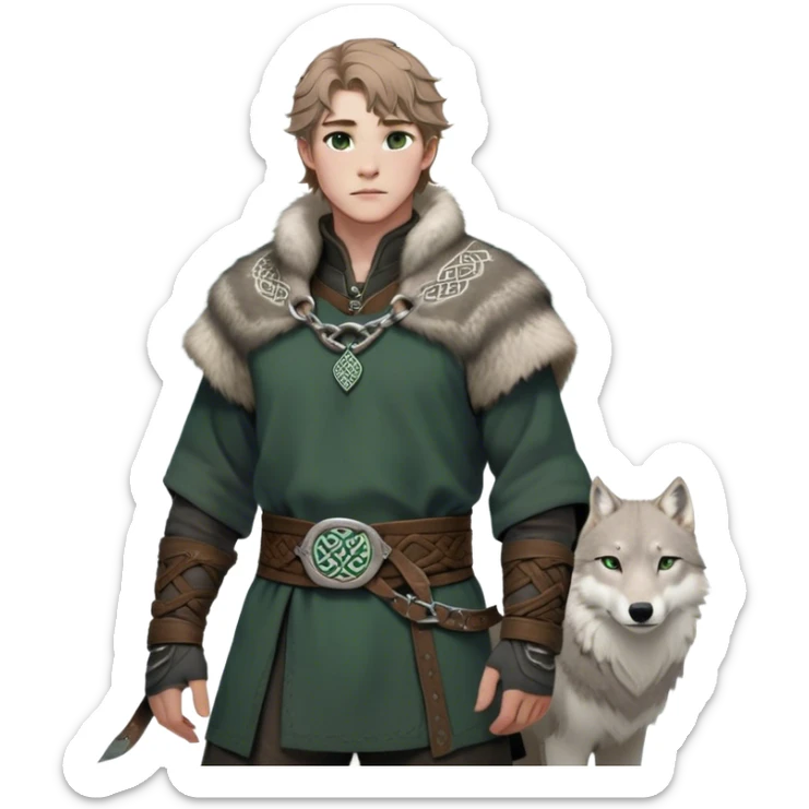 Medieval winter outfit worn by a DnD themed fantasy male character. Heavy charcoal wool tunic with arctic wolf fur lining, adorned with intricate iron clasps and a thick leather belt with celtic knotwork. Clothes only above the waist, full waist coverage. The character has no arms. Character is white-skinned with light brown hair, gray-green eyes, and short wavy hair dusted with winter's touch. sticker