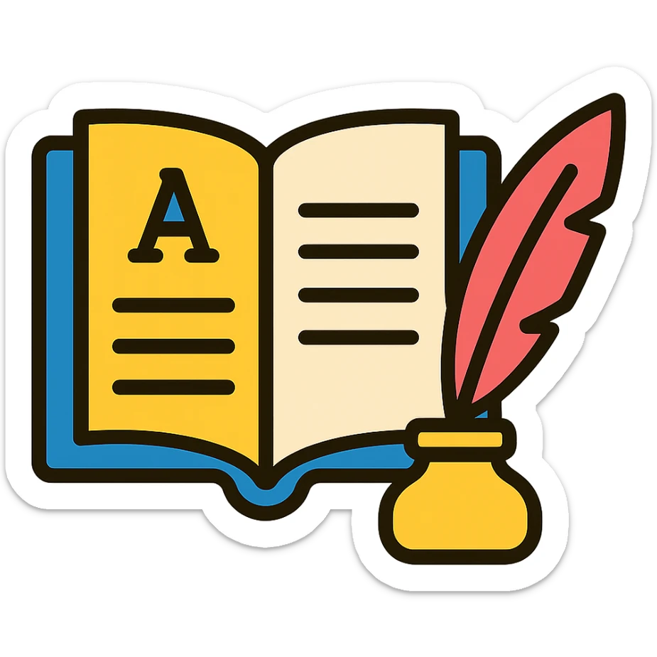 the first page of a book, open, with a quill pen nearby, elegant and classic look sticker