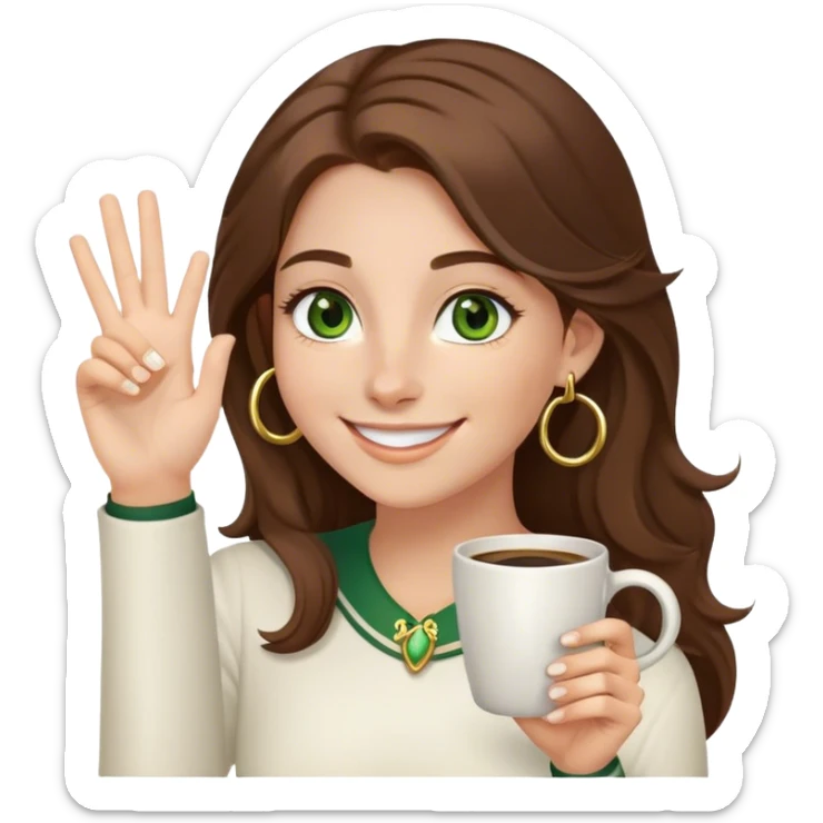 Long, Brown haired girl with middle hair part, green eyes, gold hoop nose ring, smiling, waving with one hand, coffee mug in the other sticker
