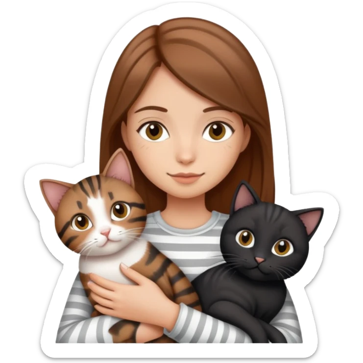 tan brown-haired girl holding two cats, one black cat and one grey-striped cat sticker