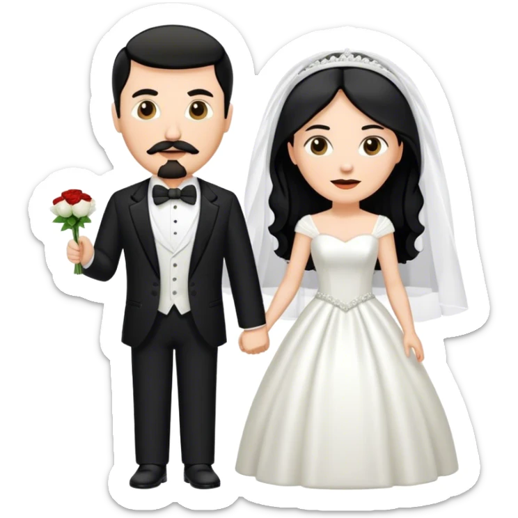 couple, a white woman with long black hair, and a white man with short brown hair goatee mustache, wedding sticker
