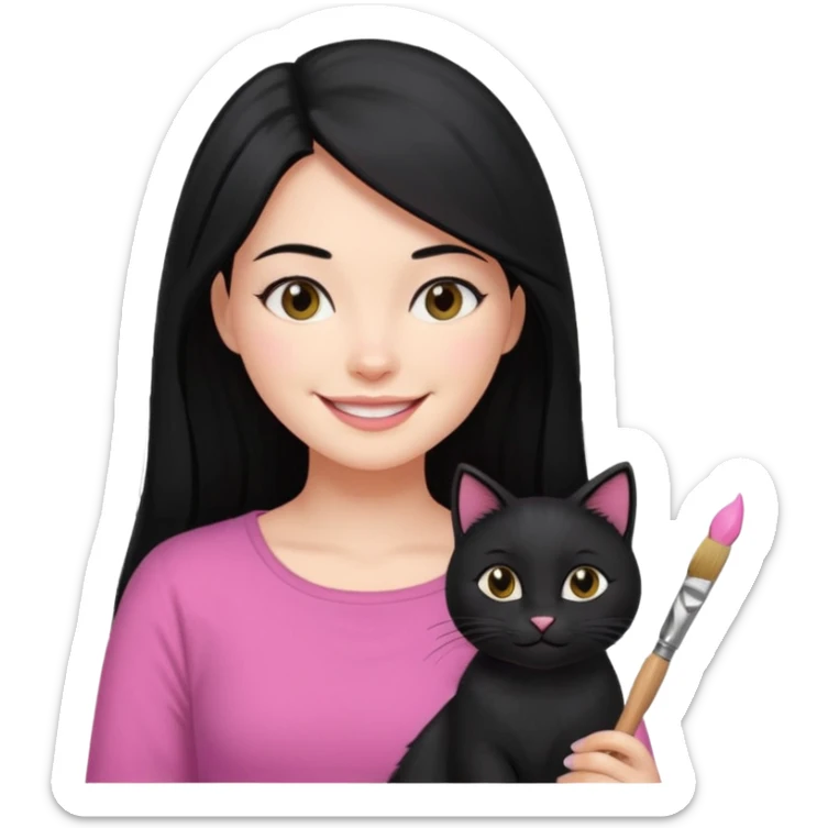 Painting women. smilling   Long black hair,  lunette peinture top pink, pinceau with is black cat  sticker