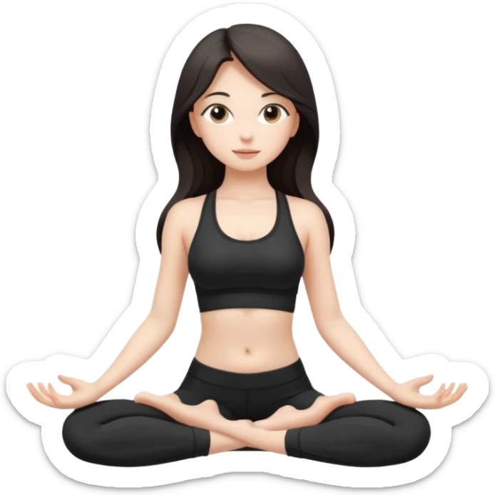 Девушка белокожая, с длинными темными волосами, в черной одежде для йоги, стоит в позе лотоса, в стиле бимбо пилатес, правильные пропорции, только человек sticker