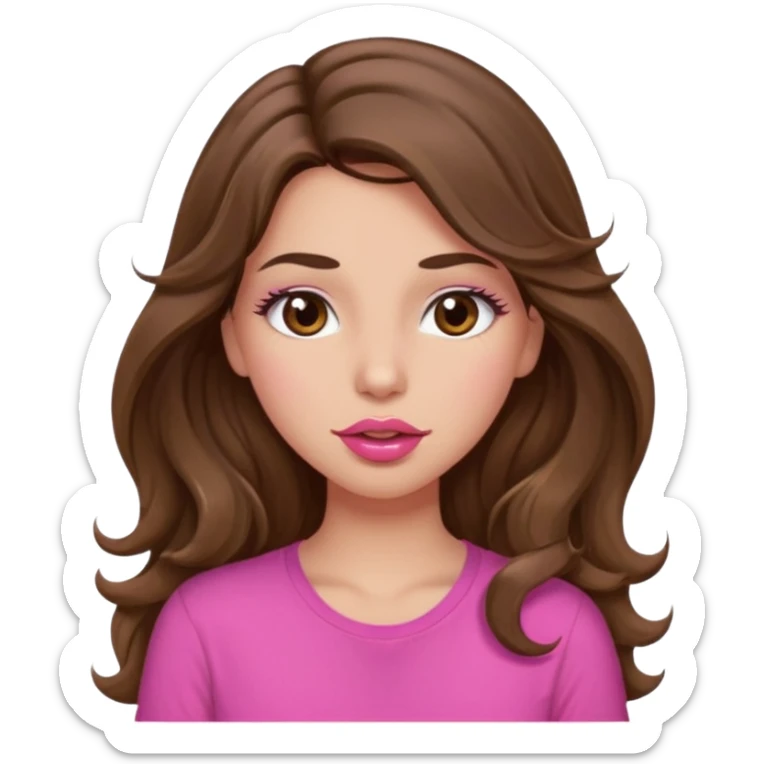 girl with long wavy brown hair, brown eyes, light to medium complexion, in a pink shirt, pink lips, long lashes, puckering lips kissing, winking sticker
