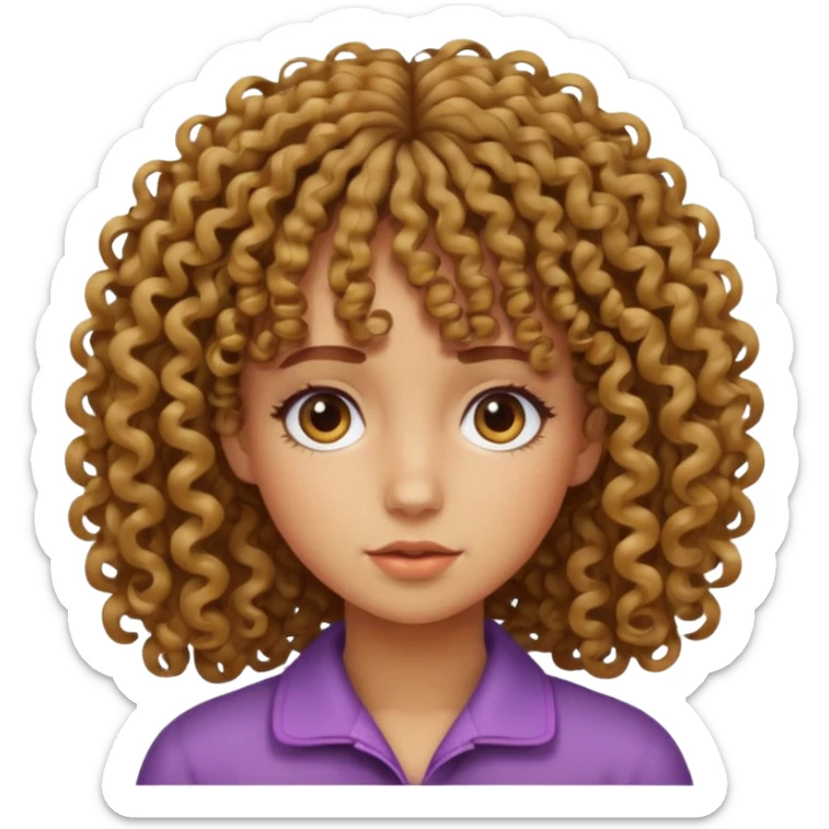 Fais un emoji d une fille avec les cheveux bouclés et une frange bouclés tordu mal faite la fille doit etre un peu mate de peau sticker