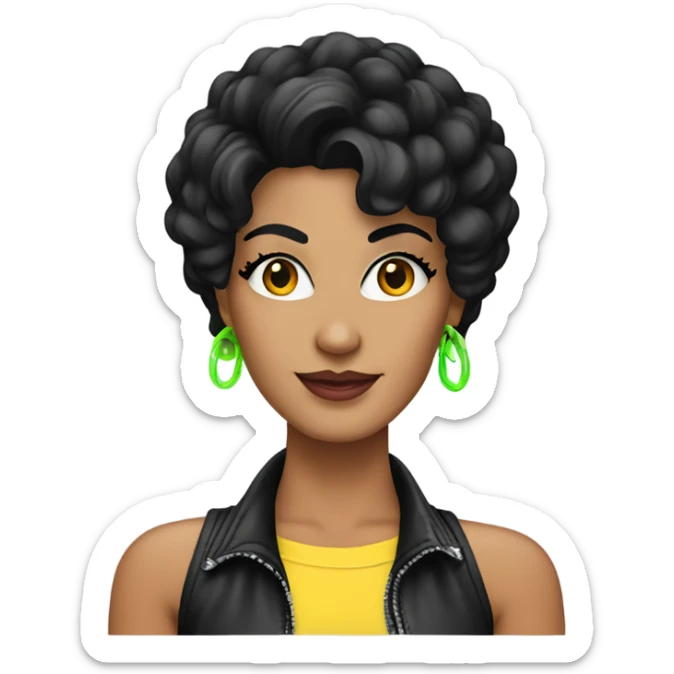 Tanned woman with black hair dressed in 1980s rock hair, makeup, and neon attire  sticker