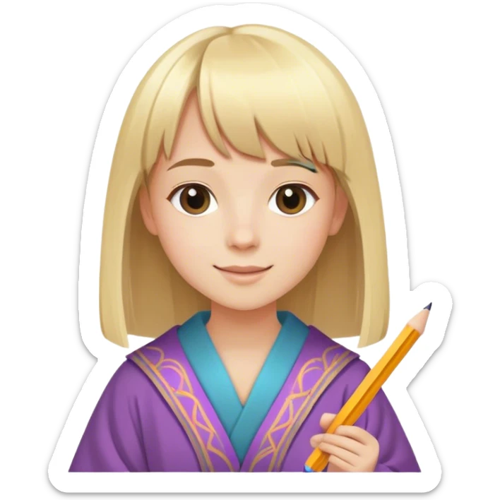 young happy artist with straight blonde hair and bangs, with pencil ad paper and colorated robe sticker