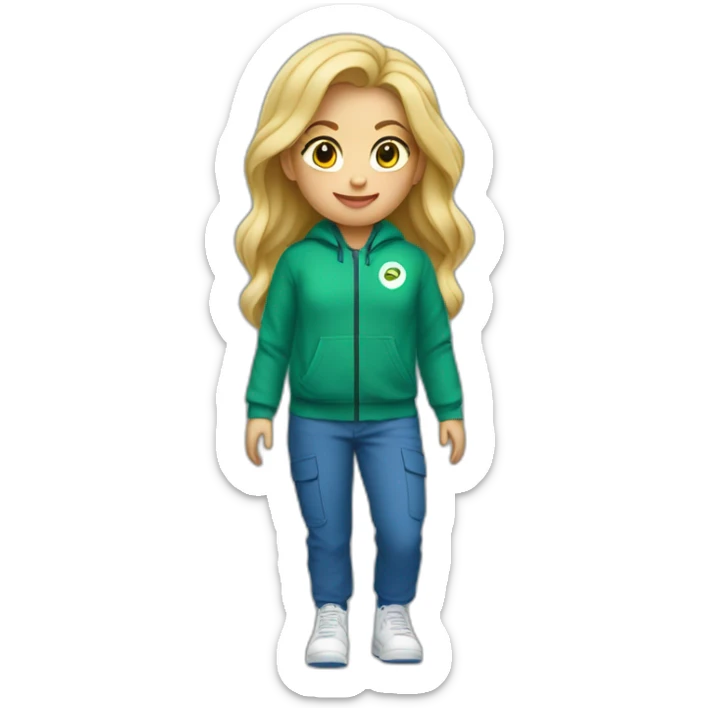 Een meisje met blond haar een groene trui en een blauwe cargo broek en witte nike sticker