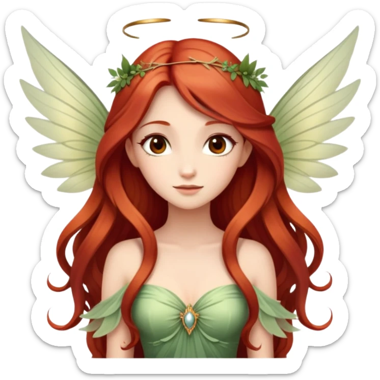 Une magnifique fée avec de belles ailes une magnifique robe naturelle avec de très long cheveux roux et elle est élégante et des yeux marrons  sticker