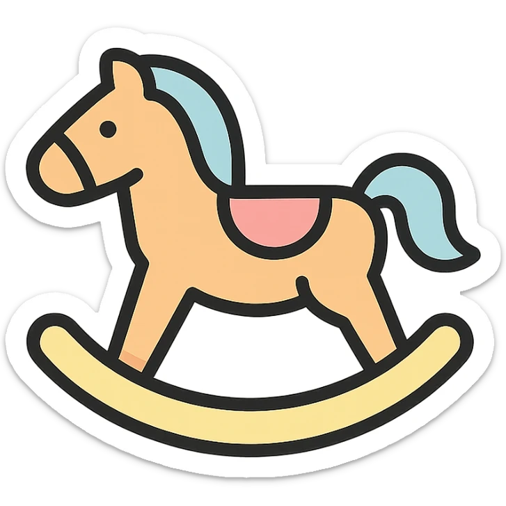 rocking horse, color icon style, soft pastel colors, gentle shading, friendly and approachable sticker