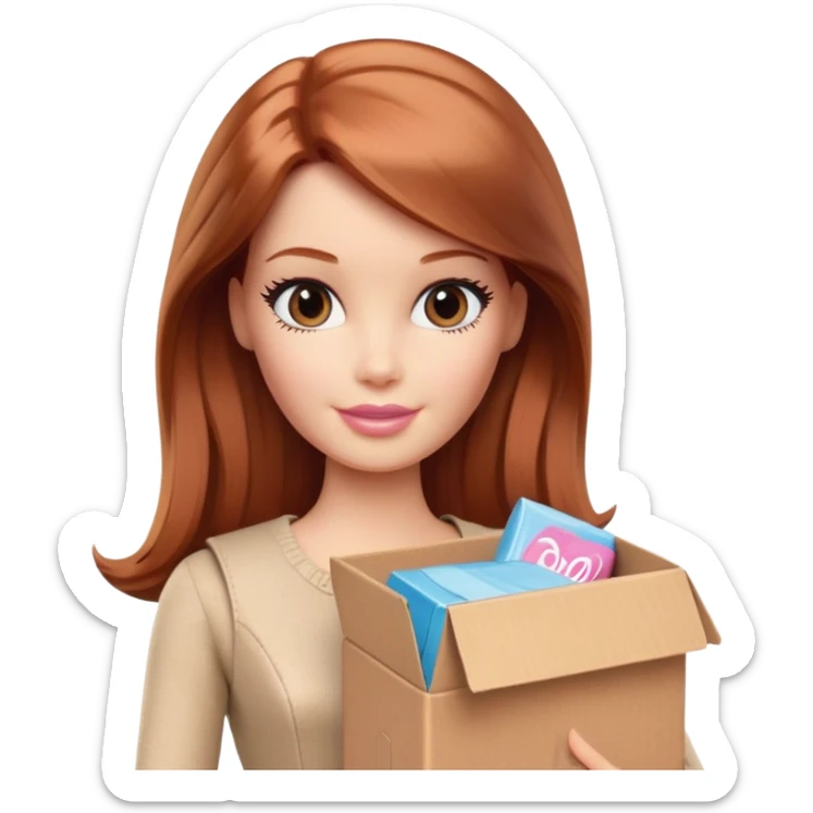 Barbie, shoulder-length reddish-brown hair, holds a package box, Barbie is wearing beige and brown colored clothes sticker