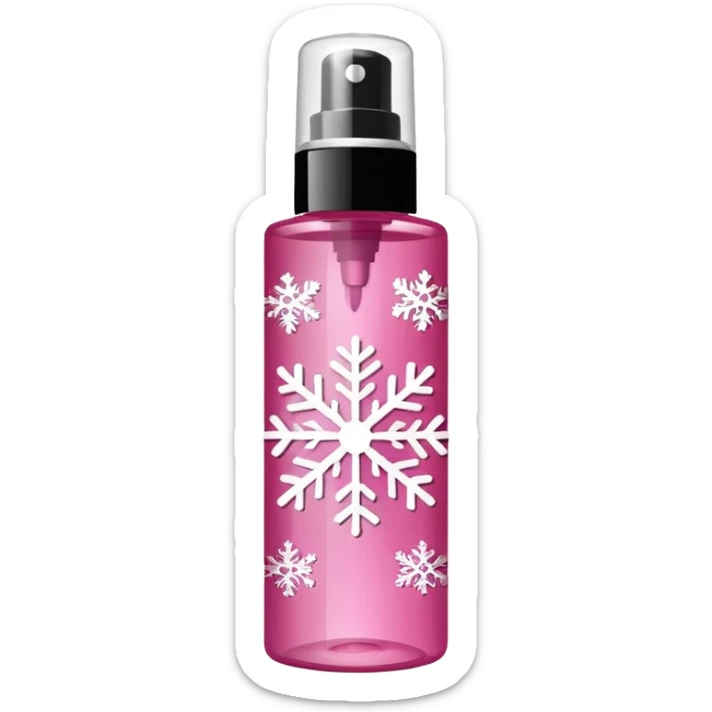 cynderical shaped pink body mist bottle with white snowflakes and faceted pattern sticker