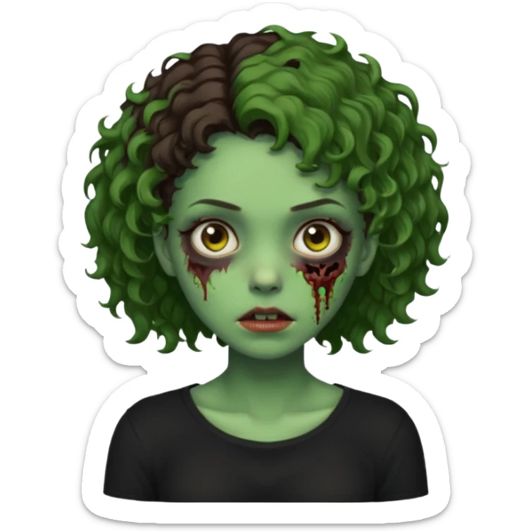 Zombie girl emoji verde com cabelo curto cacheado castanho no ombro com uma blusa preta sticker