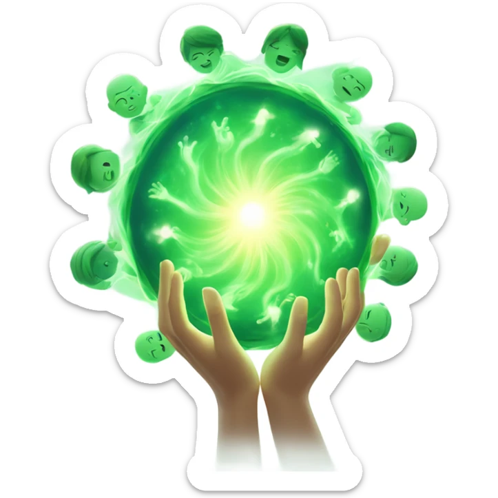 A soft, glowing wave of green energy emanating from the hands of a figure, flowing outward and gently lifting the spirits of surrounding characters with healing light. sticker