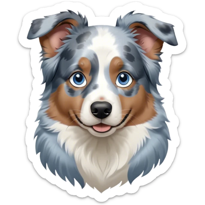 Cinematic Noble Tan Point Blue Merle Australian Shepherd Portrait Emoji, Poised and regal, with a strong, agile build and a striking coat featuring a blue merle base with bold tan points and crisp white accents, piercing blue eyes, Simplified yet sharp and sophisticated features, highly detailed, glowing with a soft, dignified glow, high shine, intelligent and loyal, stylized with an air of strength, focused and attentive, soft glowing outline, capturing the essence of a watchful and confident herder, so majestic it feels as though it could step out of the screen with effortless authority! sticker