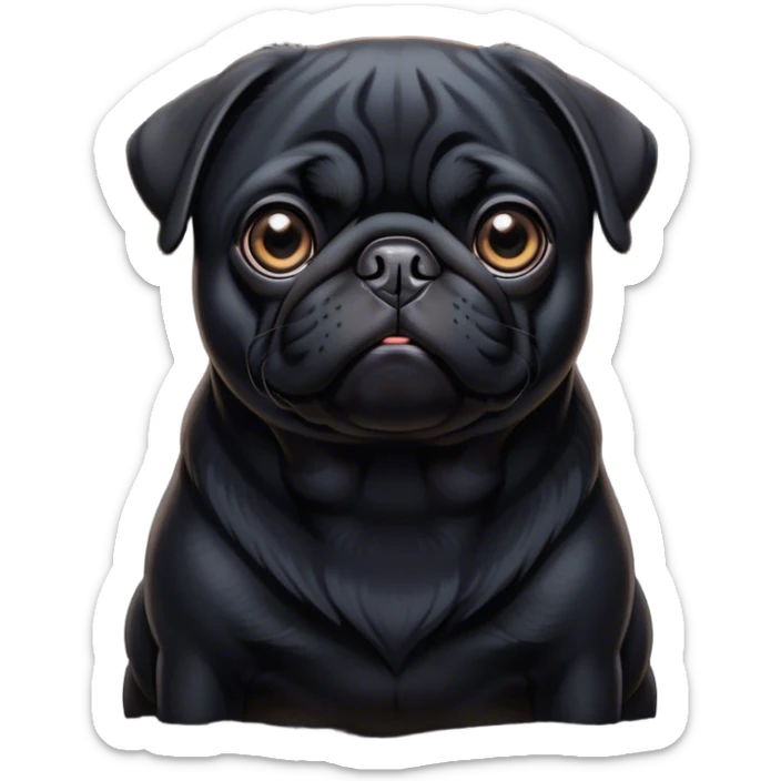 Cinematic Noble Black Pug Portrait Emoji, Poised and regal, with a compact, sturdy build and a sleek, shiny pure black coat, deep-set soulful dark eyes, Simplified yet sharp and sophisticated features, highly detailed, glowing with a soft, dignified glow, high shine, intelligent and spirited, stylized with an air of confidence, focused and attentive, soft glowing outline, capturing the essence of a watchful and commanding companion, so majestic it feels as though it could prance out of the screen with effortless authority! sticker