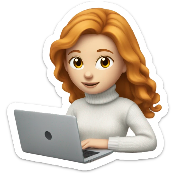 ginger girl with long hair and blue eyes in turtle neck white sweater working on a laptop sticker