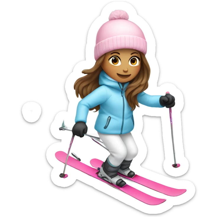 Girl with long brown hair skiing on pink skis. Wearing a light blue coat. And a pair of white snow pants.  sticker