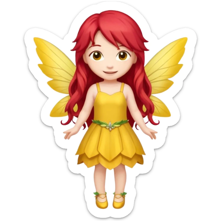 fairy with long red hair, yellow wings, yellow dress, happy, chibi full body sticker