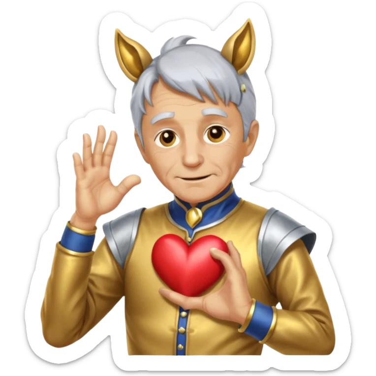 An elderly man with golden skin, his body shining like polished metal, wearing a horse cosplay costume with horse ears and a tail. He is making a heart shape with his hands and blushing slightly, showing a shy and embarrassed expression. sticker