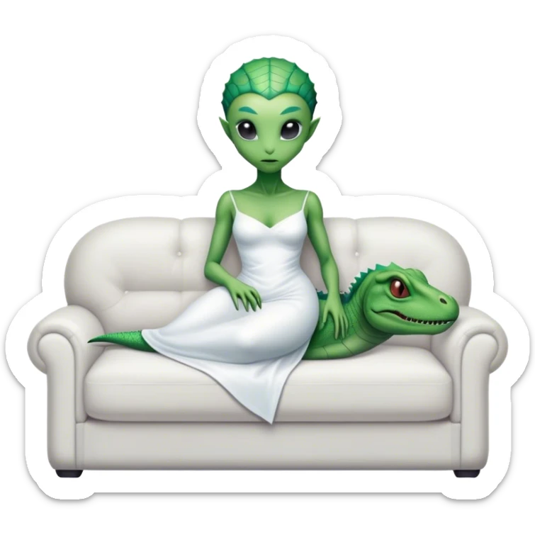 a reptilian alien woman, in white dress, lie on couch comfy, full figure sticker