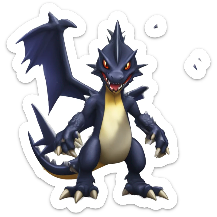 Black, Modern, Cool, Edgy, Badass Punk-style Garchomp-Nargacuga-Sergal Fakémon-Digimon with sharp edgy striking detailed stripe-markings,  full body sticker