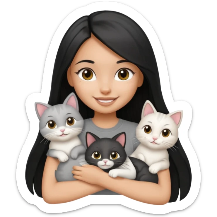 a pretty tan bratz girl with black long straight hair, wearing a grey tshirt smiling and holding 3 white cat\ sticker