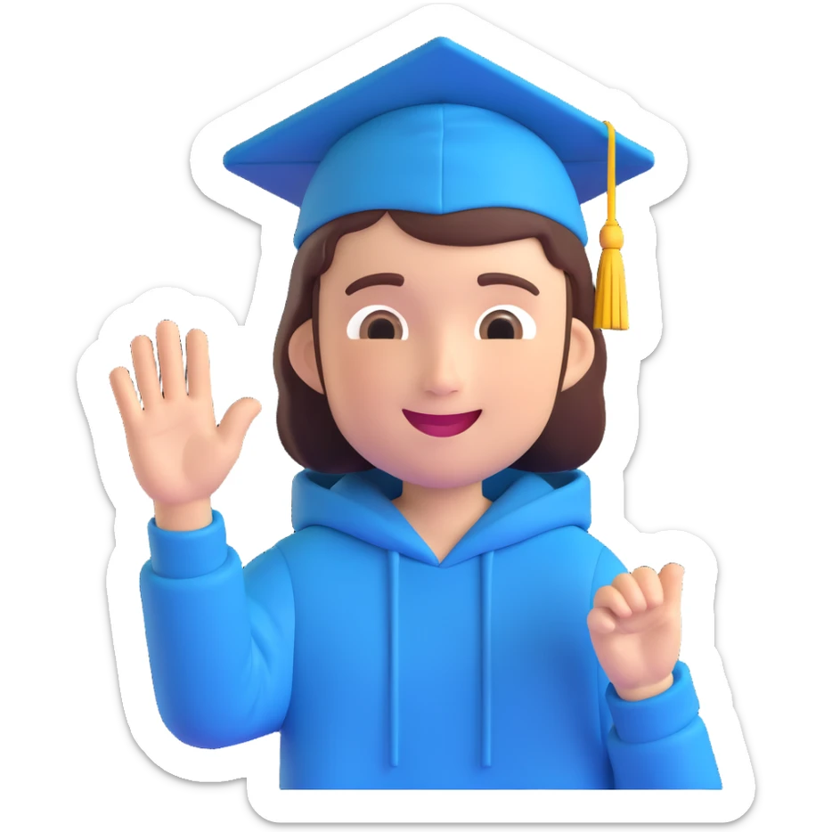 memoji of a college student, waving, wearing a hoodie, energetic and approachable, with a graduation cap sticker