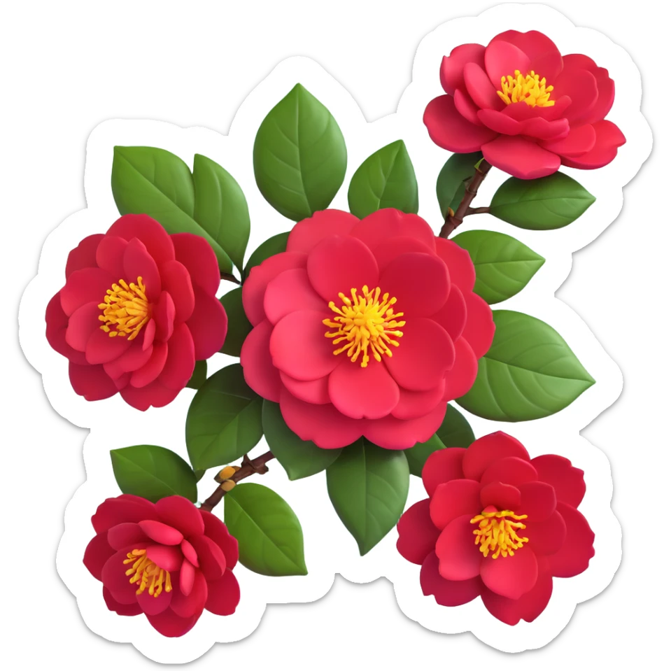 Detailed camellia japonica (tsubaki) flower with rich red formal double form petals, yellow stamens and shiny evergreen leaves sticker