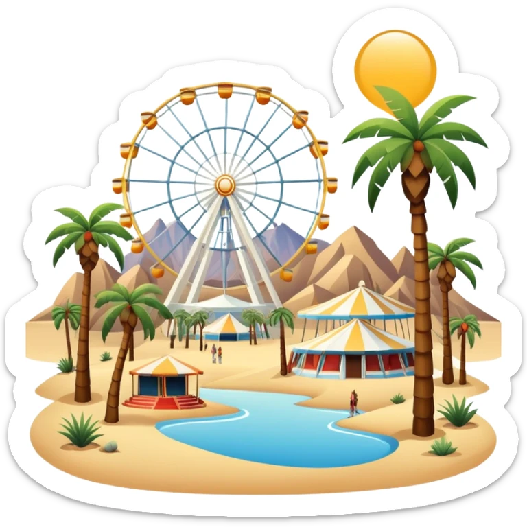 Coachella music festival with palm trees, ferris wheel, and concert stage in the desert sticker