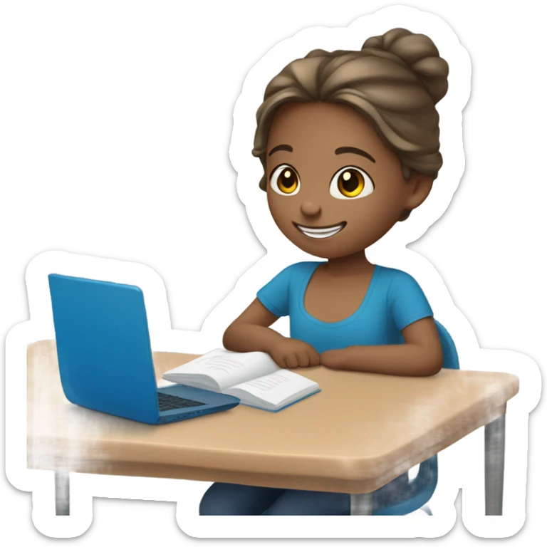 One Little Girl, white skin, bronze hair, smile, tutor, bright blue t shirt, icon  sticker
