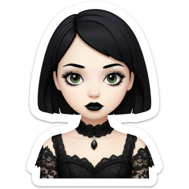 gothic girl pale skin with black lipstick and black hair and eyeliner wearing a black dress lace  sticker
