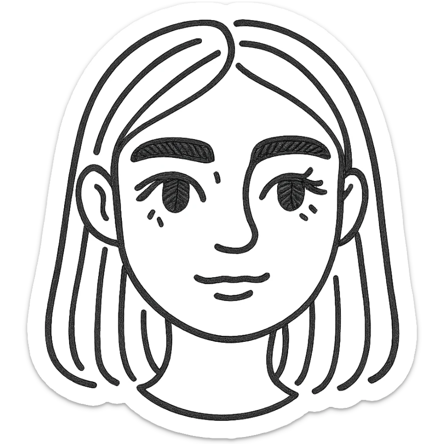pretty girl with thick eyebrows, straight brown hair and brown eyes, curled eyelashes, hand drawn outlined icon sticker