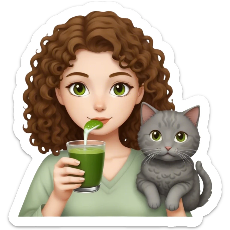 A girl with white skin and medium brown curly hair drinks matcha and carries a gray cat sticker