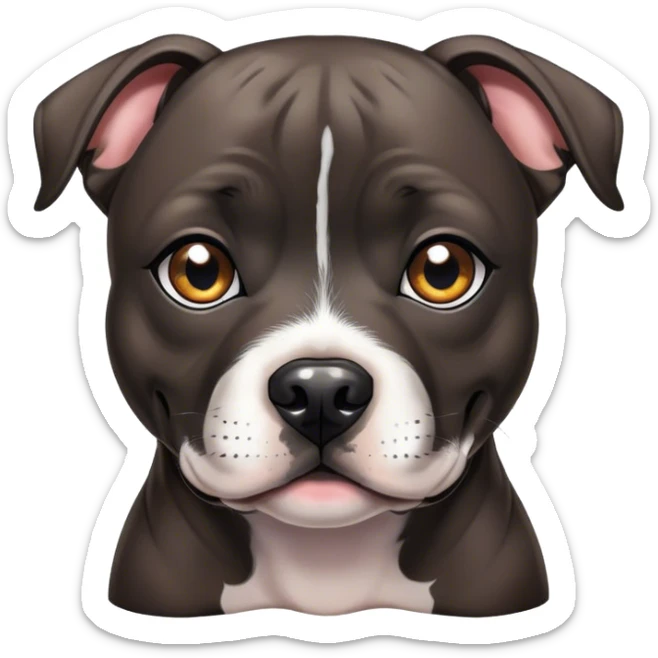 Cinematic Cute Black/Brindle Staffordshire Bull Terrier Portrait Emoji, Head tilted playfully and inquisitively, featuring a glossy Fur with a dynamic mix of black and brindle, round, sparkling dark eyes filled with curiosity, Simplified yet irresistibly adorable features, highly detailed, glowing with a warm, friendly glow, high shine, affectionate and spirited, stylized with a touch of whimsy, bright and endearing, soft glowing outline, capturing the essence of a mischievous yet loving pup, so playful it feels like it could bound out of the screen and into your arms! sticker