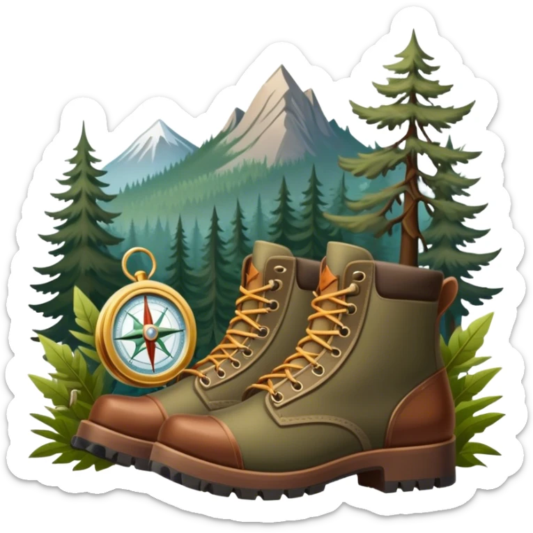 emoji for Hunting Tourism: a hunting rifle, hunting boots and a compass on a forest background, with a silhouette of wildlife in the distance. The icon should capture the adventure and connection with nature in hunting tourism. Transparent background. sticker