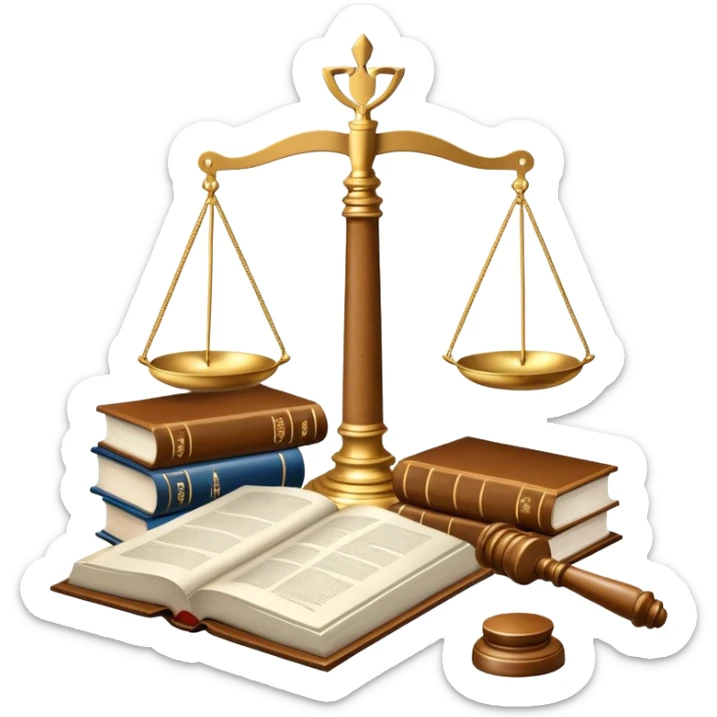 An icon featuring scales of justice, a gavel, and a legal book, symbolizing the study of law. The design includes courthouse pillars in the background, representing authority and legal systems. Transparent background highlights the principles of justice, order, and legal education. sticker