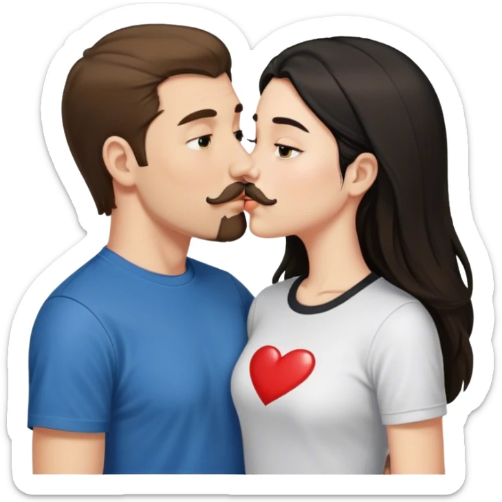tall white guy with brown hair goatee mustache wearing t-shirt kissing a shorter white girl with long black hair sticker