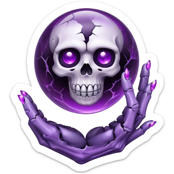 A Discord emoji of a floating, cracked purple crystal orb held by skeletal fingers. Void magic theme, vibrant glow, sharp detail, white background. sticker