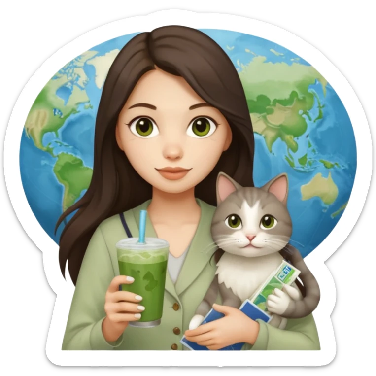 a brunette woman with long hair in here 30S drinking an iced matcha, carrying a grey cat and a map of the world sticker