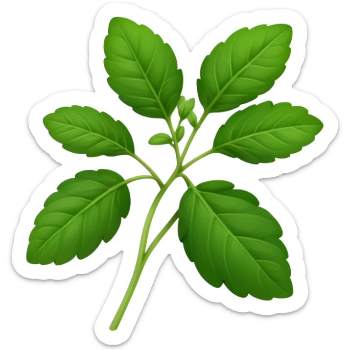 Cinematic Realistic Oregano Emoji, Bold and aromatic, with dark green leaves that radiate flavor and warmth. The plant’s rounded leaves create a lush, hearty growth, while the distinct scent invites comfort and coziness. Soft glowing outline, capturing the essence of bold flavor and herbal richness in a sprig of oregano! sticker