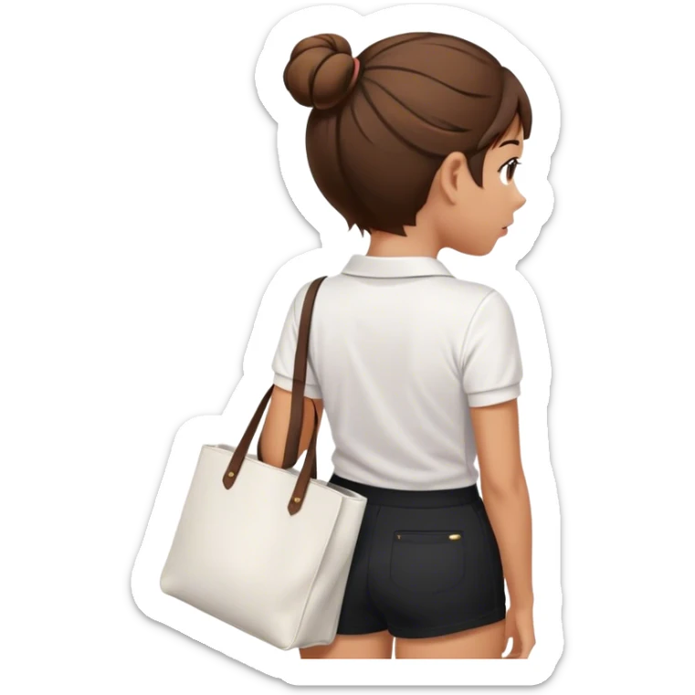 girl back view white polo black shorts brown hair in a bun white totebag sticker