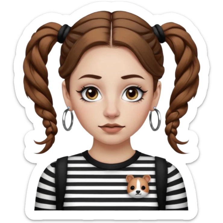 a white girl with brown hair in very low pigtails black eyeliner big false eyelashes with a septum piercing nose piercing big hoop earings dermals close to the eyes one on each side wearing a black and white striped long sleeve shirt sticker