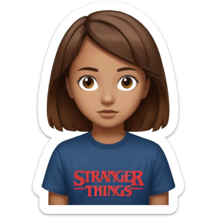 Girl with brown hair and brown eyes with Stranger Things t-shirt sticker