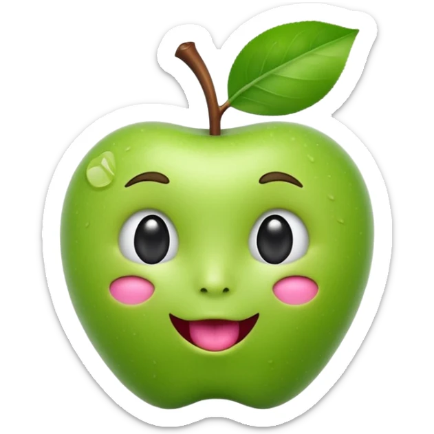 3D iOS-style emoji of a green apple with a cute human face: glossy, soft shading, big black eyes, tiny nose, open mouth with tongue, stem and leaf on top, white background sticker