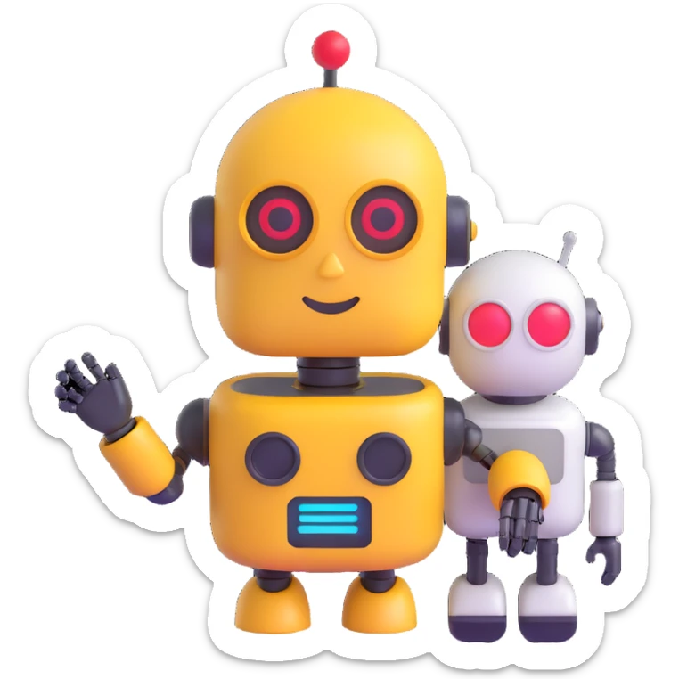 emoji and robot hybrid, one side classic emoji, other side futuristic robot, bold and eye-catching sticker