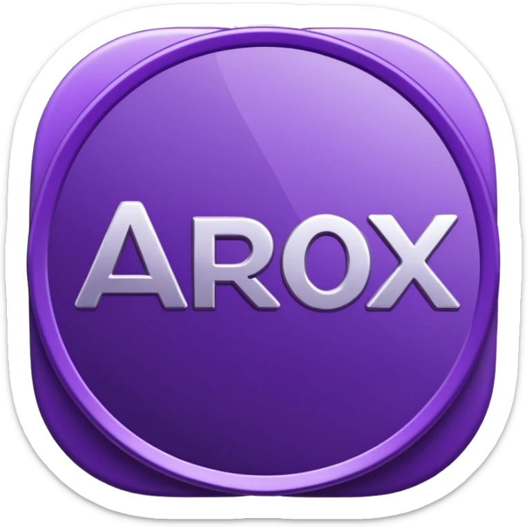 A purple coin spinning in the air. On the front side of the coin, the word 'Arox' is written in large, modern, and shiny letters. Just below 'Arox', in smaller size and simple font, it says 'WEB | SCRIPT | SITE'. The background is dark, with cinematic lighting highlighting the coin’s shine. sticker