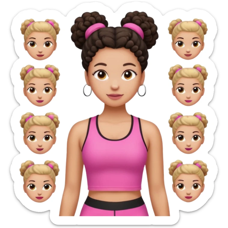 Faça um emoji personalizável estilo Apple menina  igual essa d foto com roupas clara , blusa esportiva rosa e por baixo uma blusa branca calça leg preta  cabelo coque  4c crespo  , faça um pack de emojis com ela fazendo situações clean girl igual os do pinterest  sticker